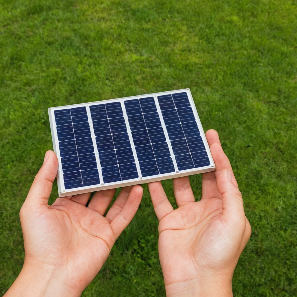 Hands holding a solar panel, representing renewable energy and savings, bright and hopeful